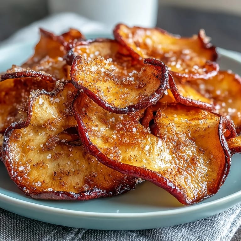 Thinly sliced apples air fried with cinnamon sugar, creating a sweet and crunchy homemade treat.
