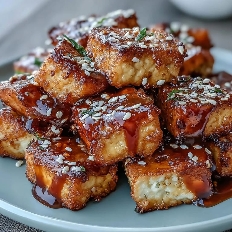 Air-fried tofu nuggets with a crunchy exterior and sticky sweet chili glaze, garnished with sesame seeds and green onions.