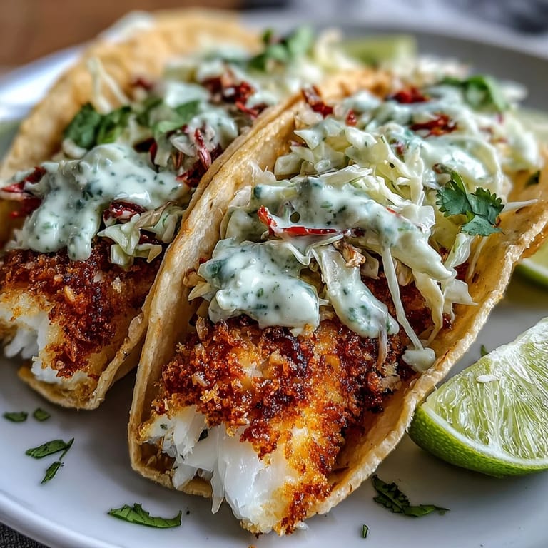 Golden air-fried fish strips in warm tortillas topped with vibrant cabbage slaw and zesty lime crema.  
