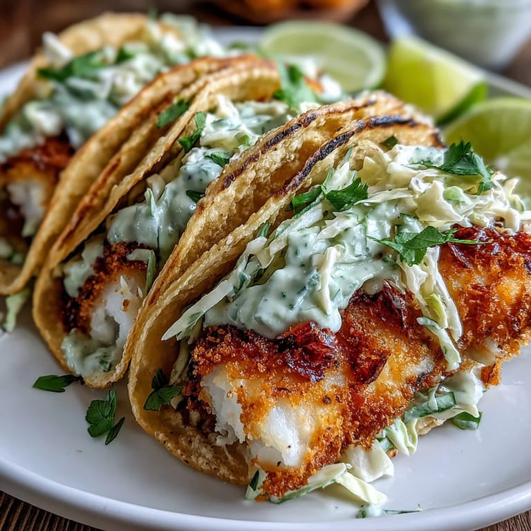 Light and fresh air fryer fish tacos loaded with crunchy cabbage slaw and drizzled with tangy sauce.