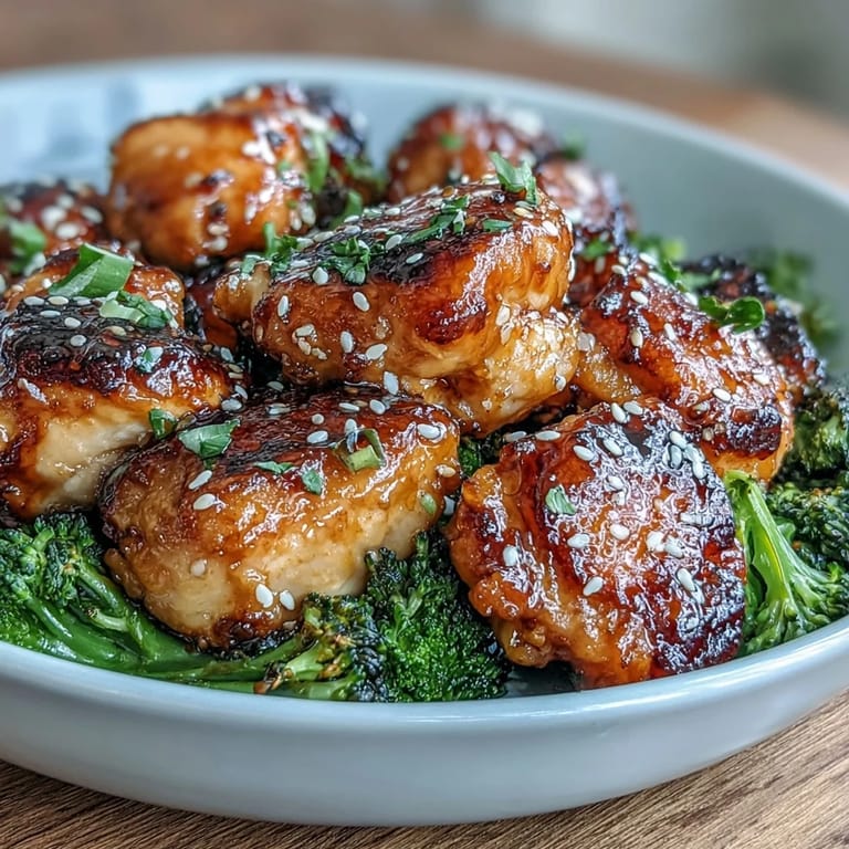 Golden-brown chicken pieces tossed in sticky honey garlic glaze, paired with perfectly air-fried broccoli for a flavorful meal.