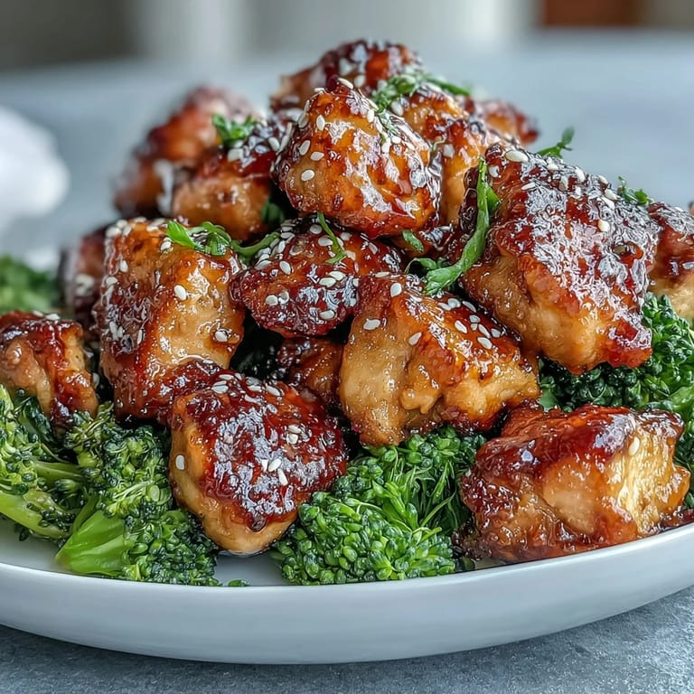 Juicy chicken bites coated in a savory-sweet honey garlic sauce, served alongside crisp air-fried broccoli for a quick dinner.