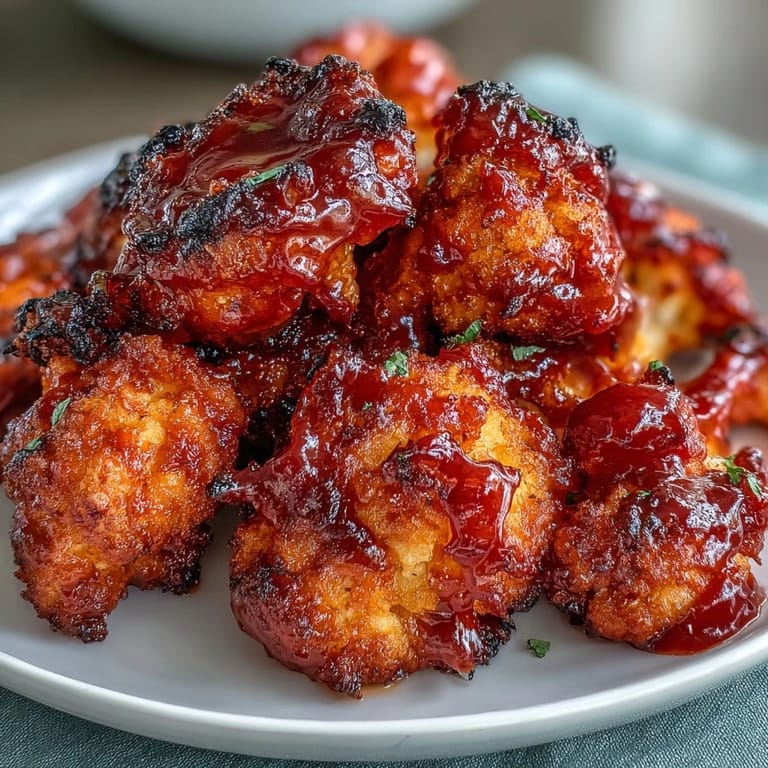 Spicy Buffalo cauliflower wings made in the air fryer, offering a delicious plant-based snack option.