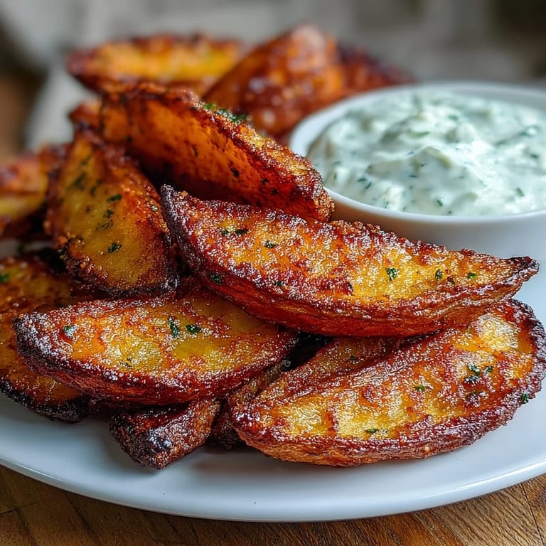 Crispy seasoned potato wedges cooked to perfection in the air fryer, served alongside a cool and creamy spring onion dip.