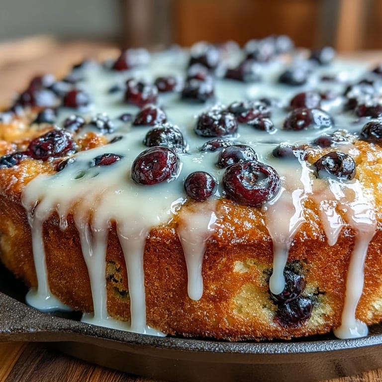 A slice of moist, tangy sourdough cake with fresh blueberries and zesty lemon, topped with a sweet icing drizzle and extra berries.