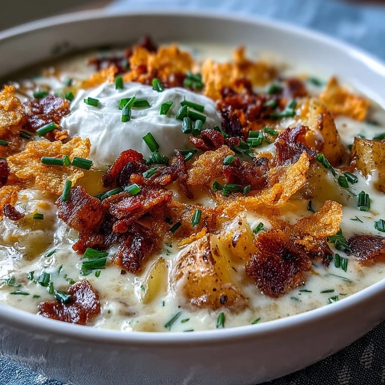 Rich and comforting funeral potatoes loaded baked potato soup, garnished with sour cream, chives, and smoky bacon crumbles.