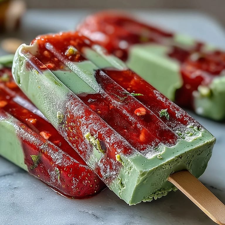 Swirled strawberry and matcha milk popsicles, combining fresh fruit and smooth matcha cream for a colorful spring dessert treat.