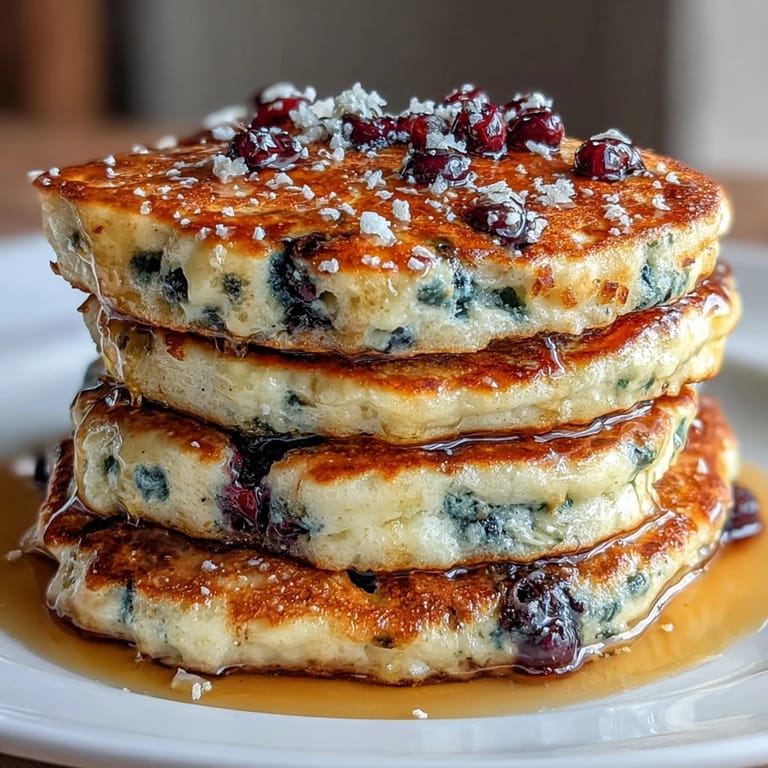 Tangy lemon blueberry pancakes made with sourdough discard, featuring juicy berries and bright citrus aroma in every bite.  