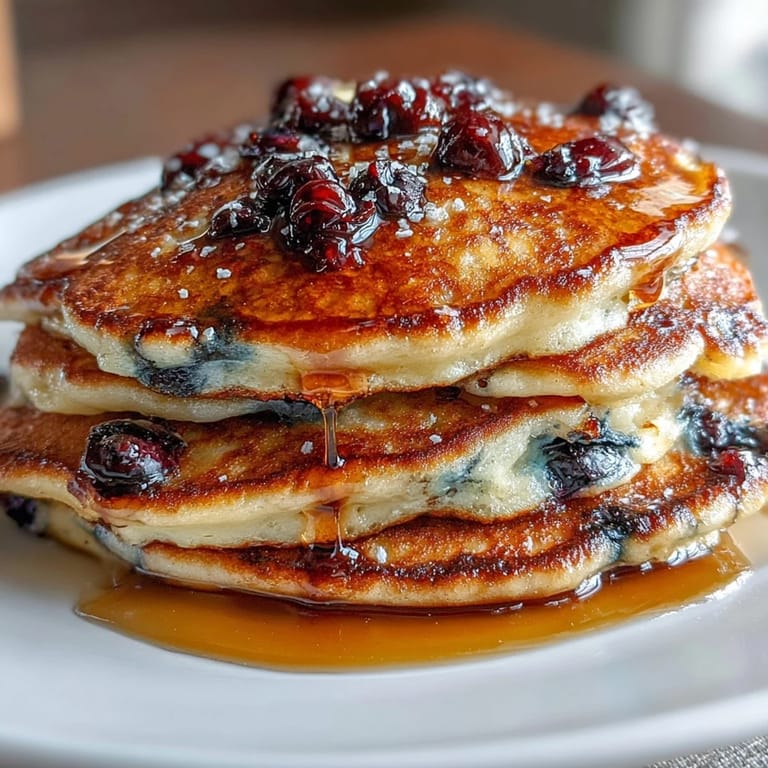 Fluffy sourdough discard pancakes bursting with blueberries and zesty lemon, served warm with a drizzle of maple syrup.