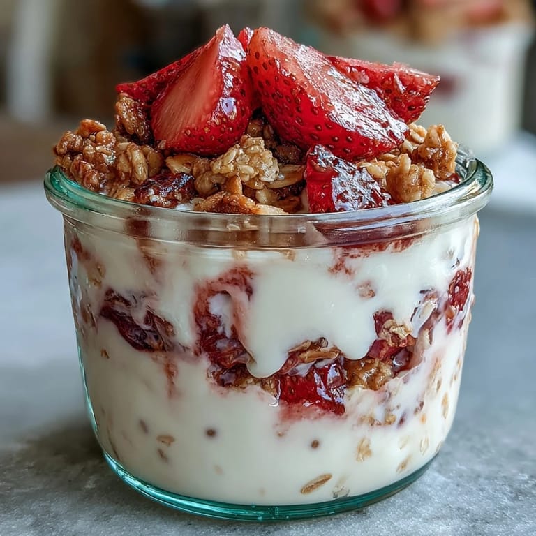 Creamy vanilla yogurt and oats layered with sweet strawberries, inspired by classic strawberry shortcake dessert.