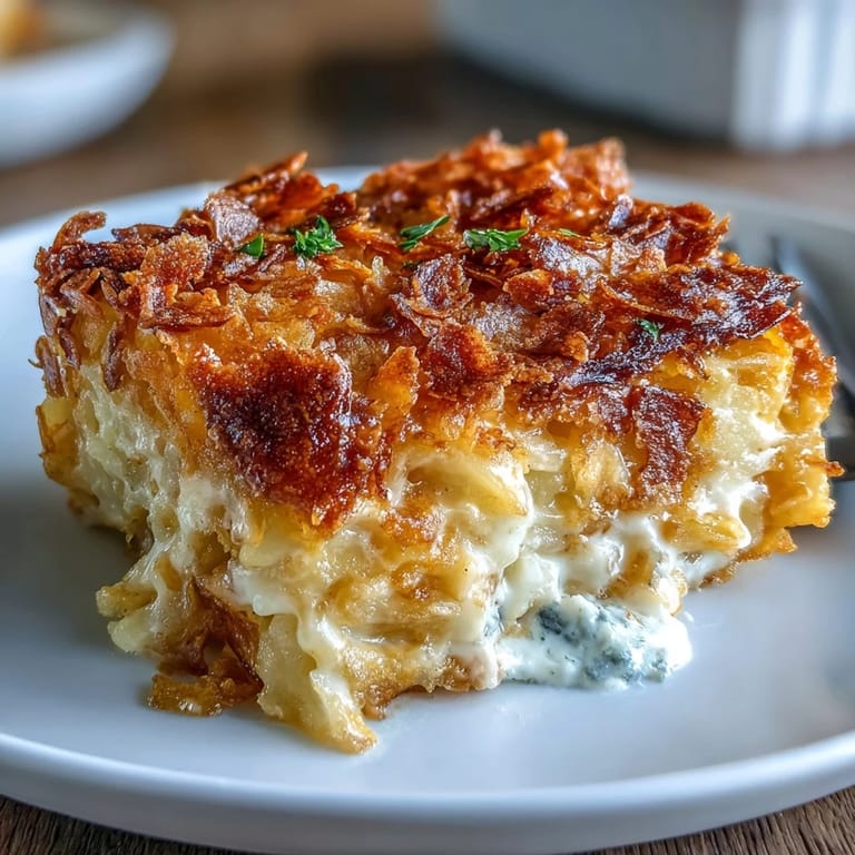 Lightened cheesy potato casserole featuring Greek yogurt sauce, tender shredded potatoes, and crunchy cornflake crust for comforting flavor.  