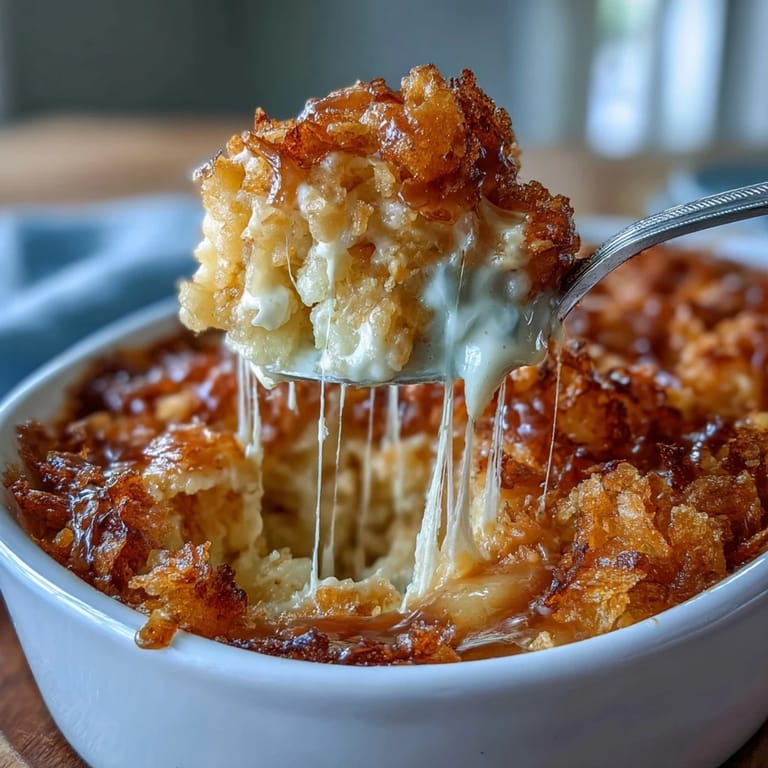 Greek yogurt funeral potatoes with melted cheddar, sautéed onions, and golden-brown cornflake topping, perfect for potlucks or family dinners.