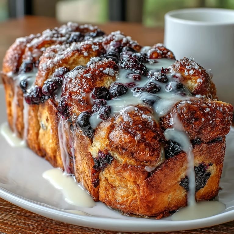 Tangy lemon blueberry sourdough breakfast bread with golden pull-apart layers, drizzled with sweet lemon glaze for a festive morning treat.