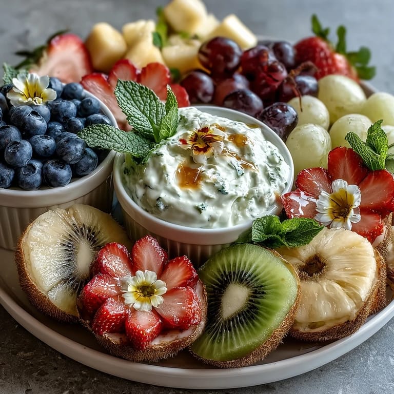 Fresh fruit arranged in a vibrant circular pattern with orange and kiwi at the center, paired with a smooth vanilla yogurt dip for a baby shower snack.