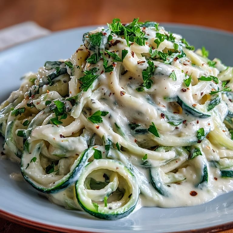 Protein-packed Alfredo sauce with zucchini noodles, garnished with fresh parsley and Parmesan for a light yet indulgent meal.  