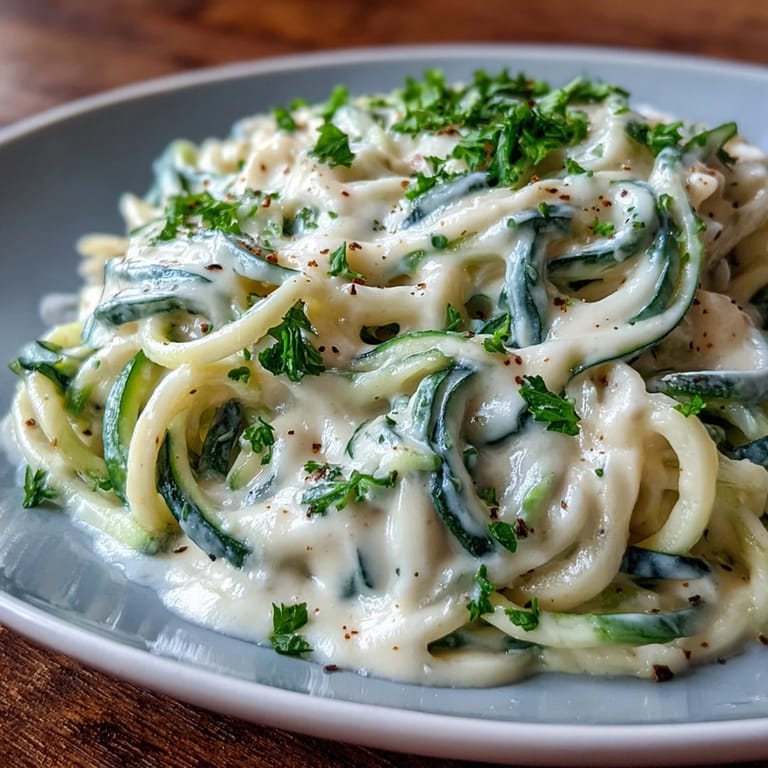 Velvety cottage cheese Alfredo coats zucchini noodles, creating a low-carb, gluten-free main dish perfect for quick weeknight dinners.