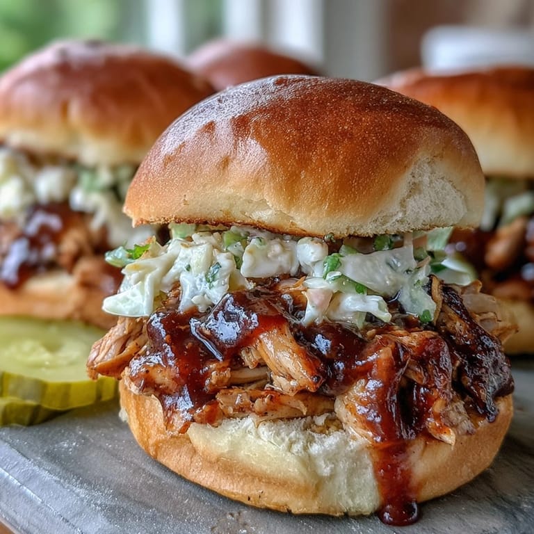 Tender pulled chicken sliders with smoky barbecue sauce, served warm for easy entertaining at baby showers or casual gatherings.  