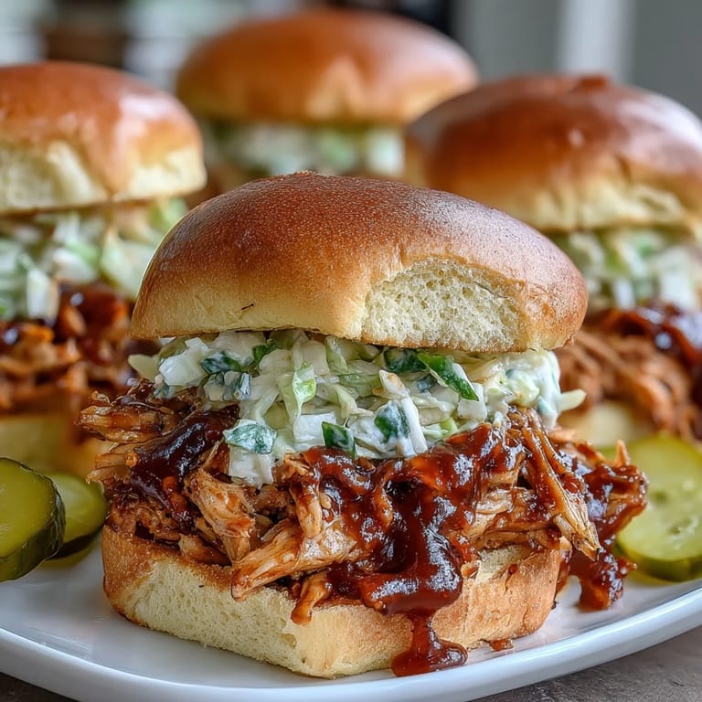 Mouthwatering pulled chicken sliders on fluffy buns, drizzled with sweet and tangy BBQ sauce, perfect for party platters.