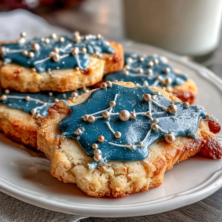 Starry Pisces constellation sugar cookies with intricate white icing lines and silver pearl accents, perfect for astrology lovers.