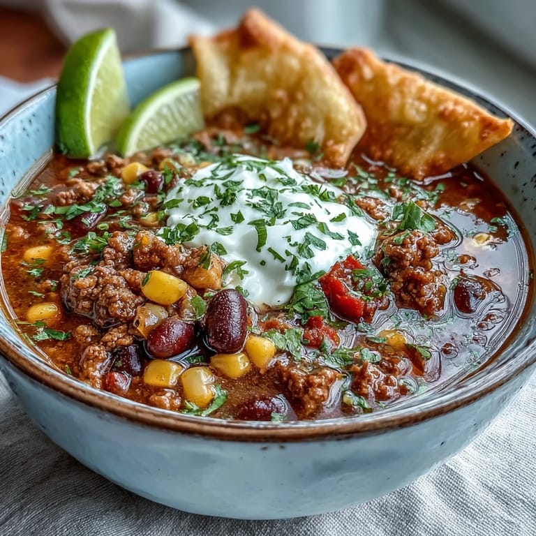 A steaming bowl of taco soup loaded with savory beef, diced tomatoes, and bell peppers, garnished with fresh cilantro.  