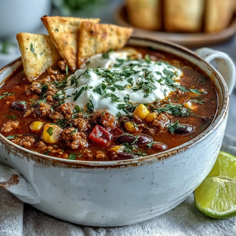 Flavorful taco soup simmering with seasoned ground beef, black beans, and corn, served hot with a dollop of sour cream.