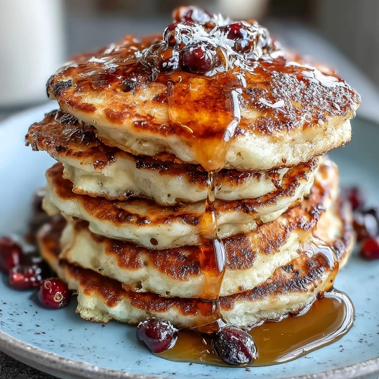 Fluffy sourdough pancakes bursting with tangy lemon flavor and juicy blueberries, drizzled with warm maple syrup for a delightful breakfast.