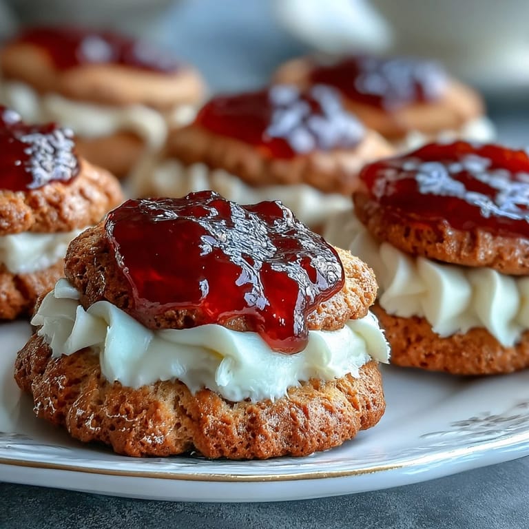 2. Buttery British-style thumbprint cookies filled with rich clotted cream and vibrant strawberry jam.