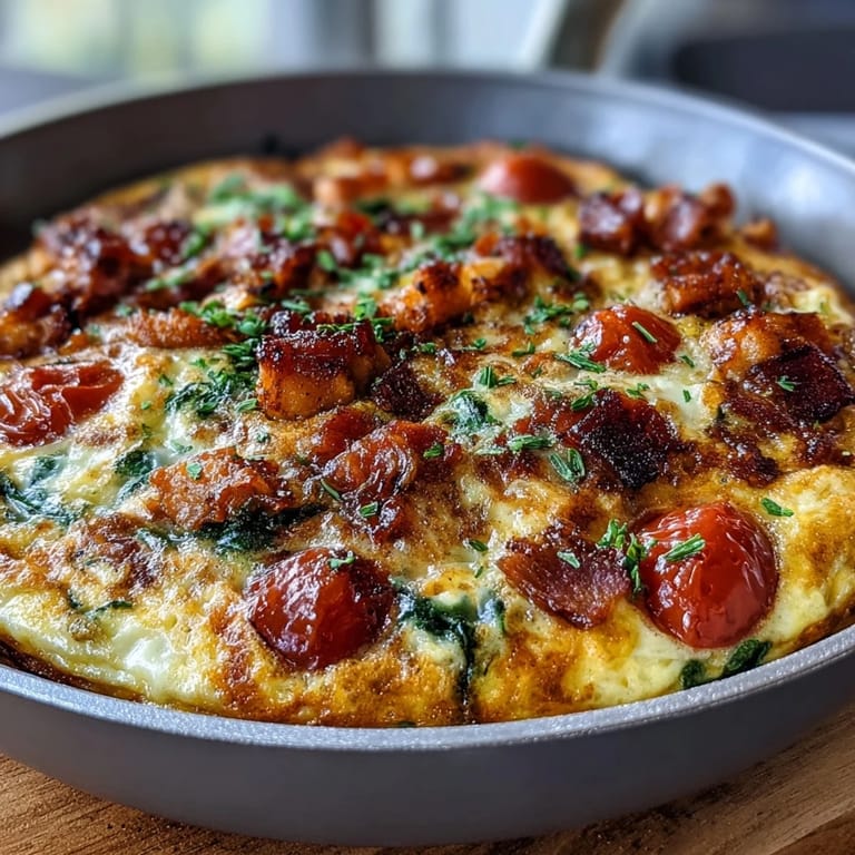 A delicious slice of ham and cheese frittata served fresh from the oven.