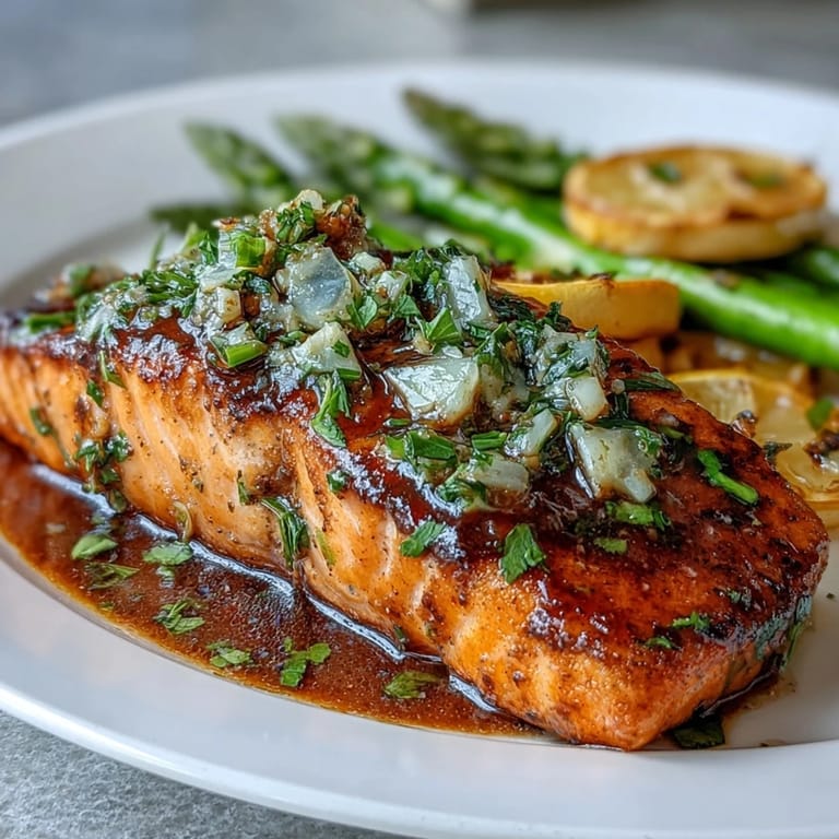 Garlic Butter Salmon with Asparagus, roasted to perfection with golden-brown edges and bright lemon slices for a fresh, spring-inspired meal.