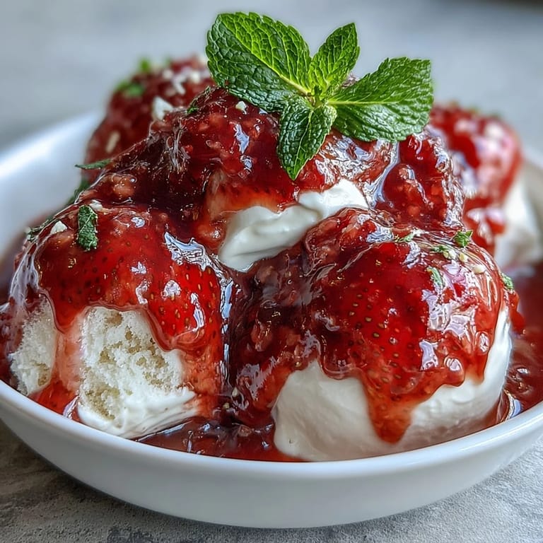 Vibrant strawberry compote over Greek yogurt, garnished with mint and crunchy almonds for a refreshing treat.  