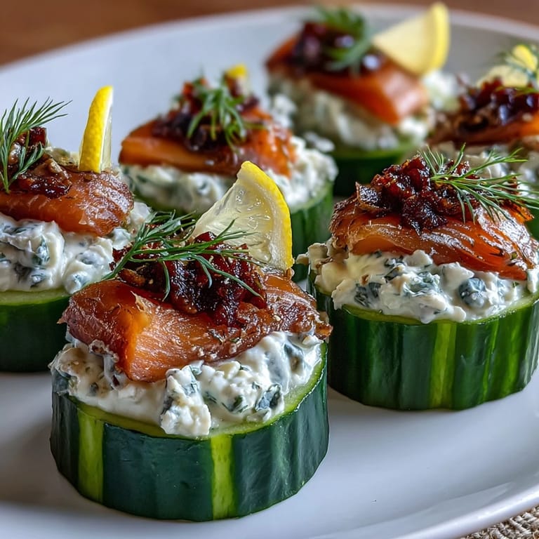 Refreshing party platter: cool cucumber rounds layered with zesty cream cheese and savory smoked salmon for a light bite.