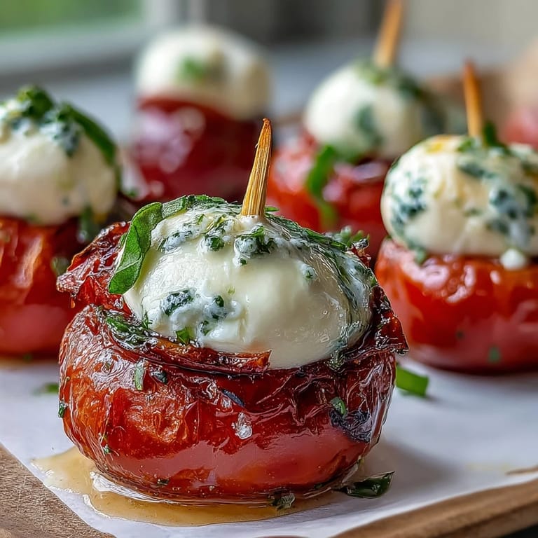 Vibrant Caprese skewers featuring juicy tomatoes, creamy mozzarella, and fragrant basil, topped with a bright homemade pesto drizzle.