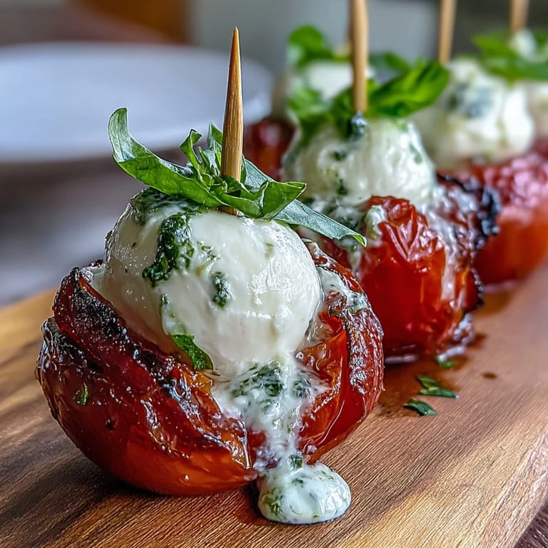 Easy Caprese skewers with pesto, combining fresh cherry tomatoes, mozzarella balls, and basil leaves for a stunning appetizer.
