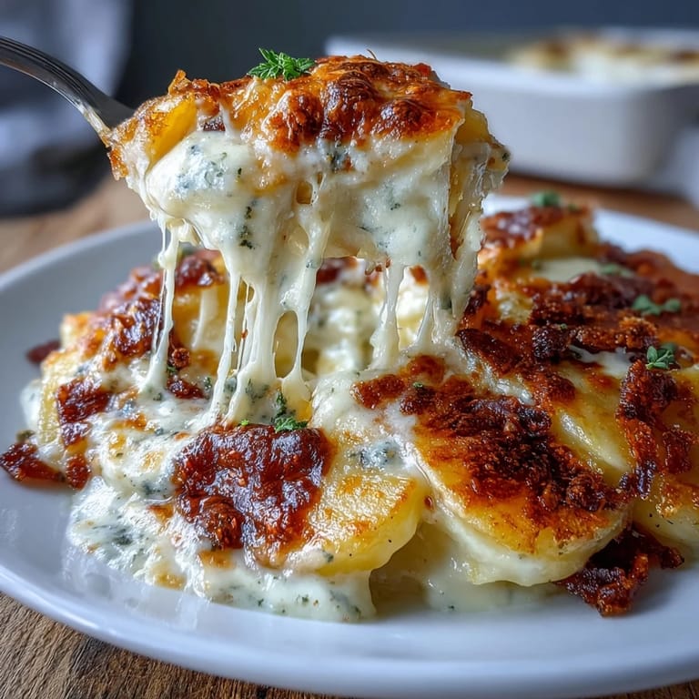 Layers of thinly sliced potatoes smothered in rich cream sauce and baked with nutty Gruyère for a classic French side.  