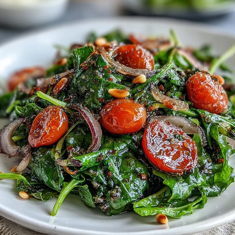 Bright dandelion greens salad featuring lemon vinaigrette and shaved Parmesan, served with cherry tomatoes and toasted pine nuts for a crisp, tangy bite.  