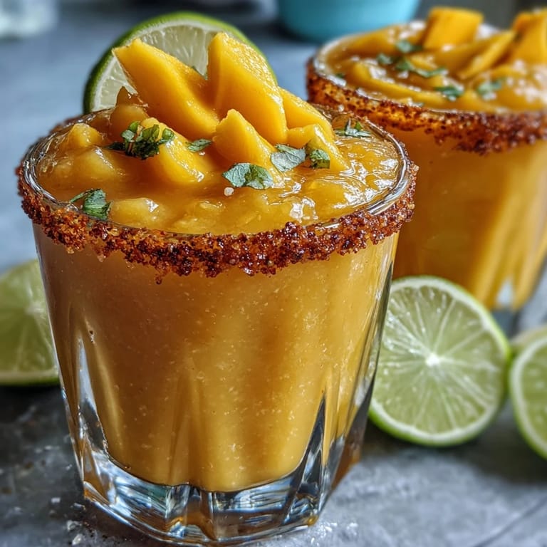 Creamy frozen mango margarita mocktail, blended with lime and orange, garnished with Tajín-rimmed glass and tropical fruit slices.
