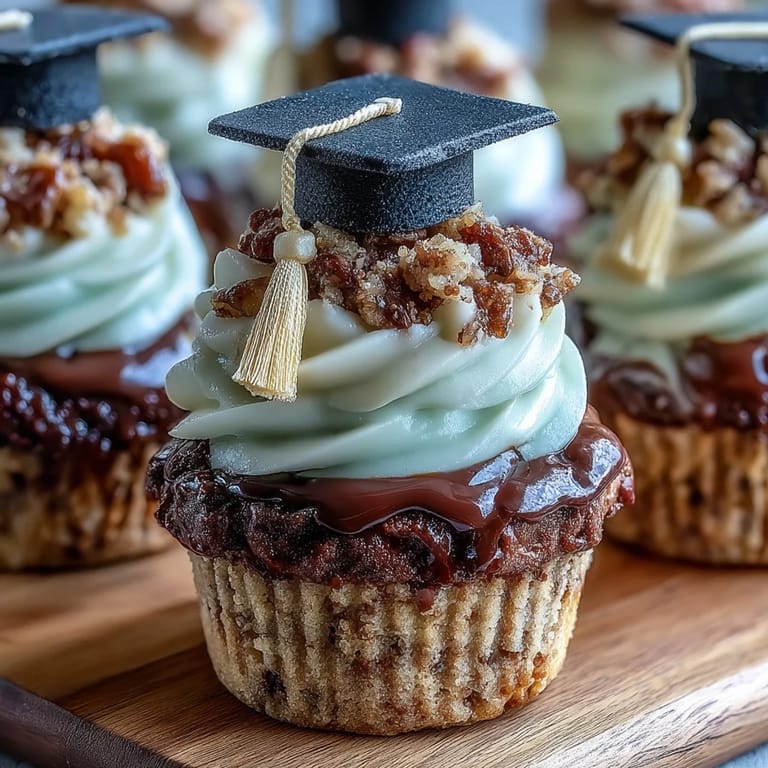 Moist vanilla cupcakes with buttercream frosting and fondant graduation caps, featuring yellow tassels, ideal for graduation parties and celebrations.