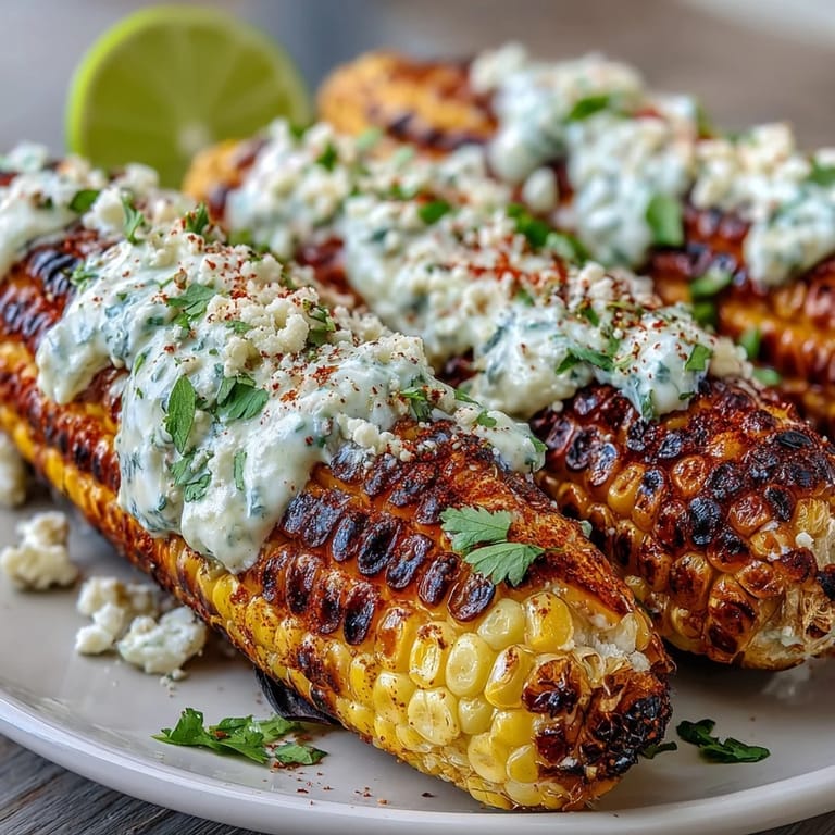 Charred corn drizzled with creamy elote sauce, sprinkled with Cotija cheese and chili, served with a lime wedge.
