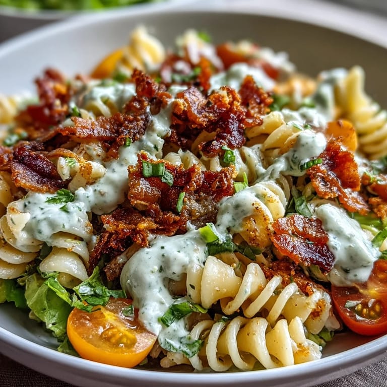 Creamy avocado ranch BLT pasta salad with crunchy bacon, vibrant romaine, and ripe cherry tomatoes, perfect for summer picnics or easy dinners.
