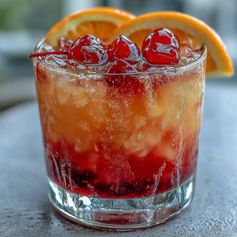 Refreshing Ombre Sunrise Mocktail with grenadine, served with orange slices and cherries for a colorful, non-alcoholic party drink.