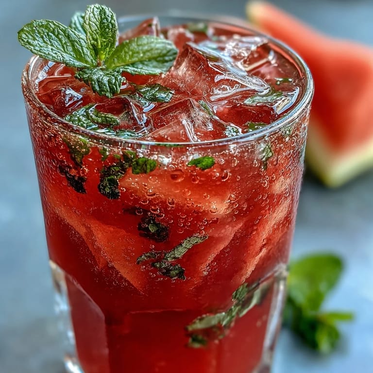 A pitcher of vibrant pink watermelon lemonade with mint leaves, served over ice in chilled glasses.