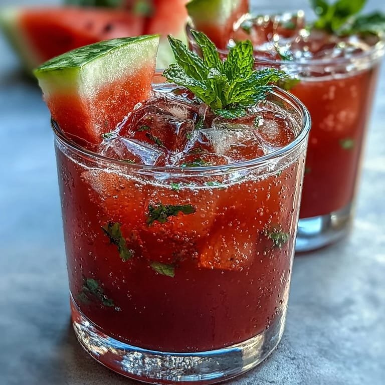 Close-up of a tall glass filled with chilled watermelon mint lemonade, garnished with lemon wedges and mint sprigs.