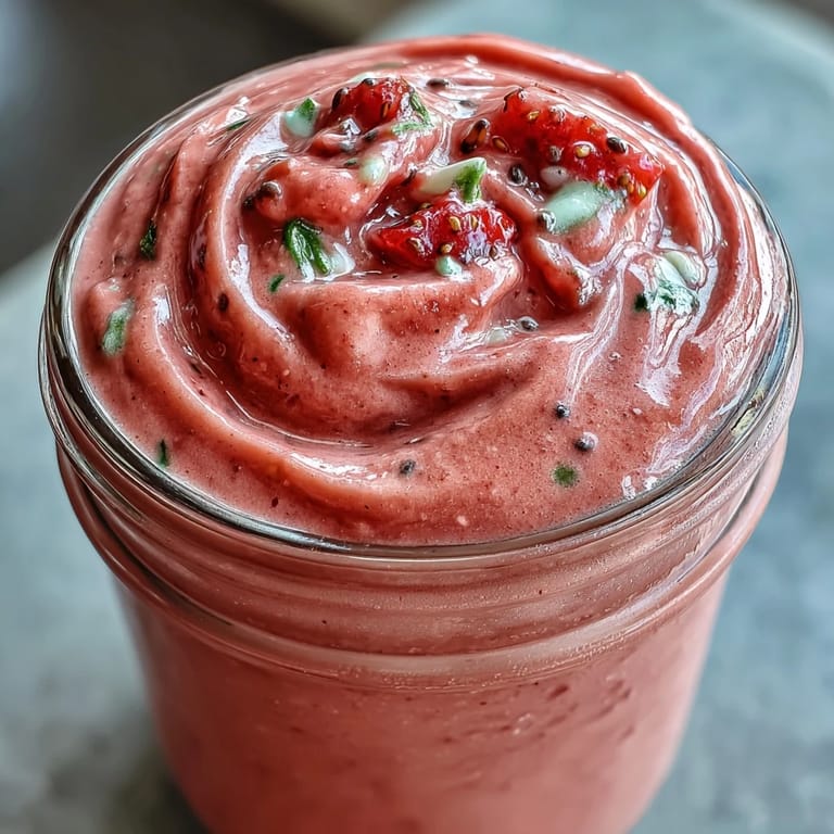 Bright red strawberry spinach smoothie, creamy and refreshing for a quick snack.