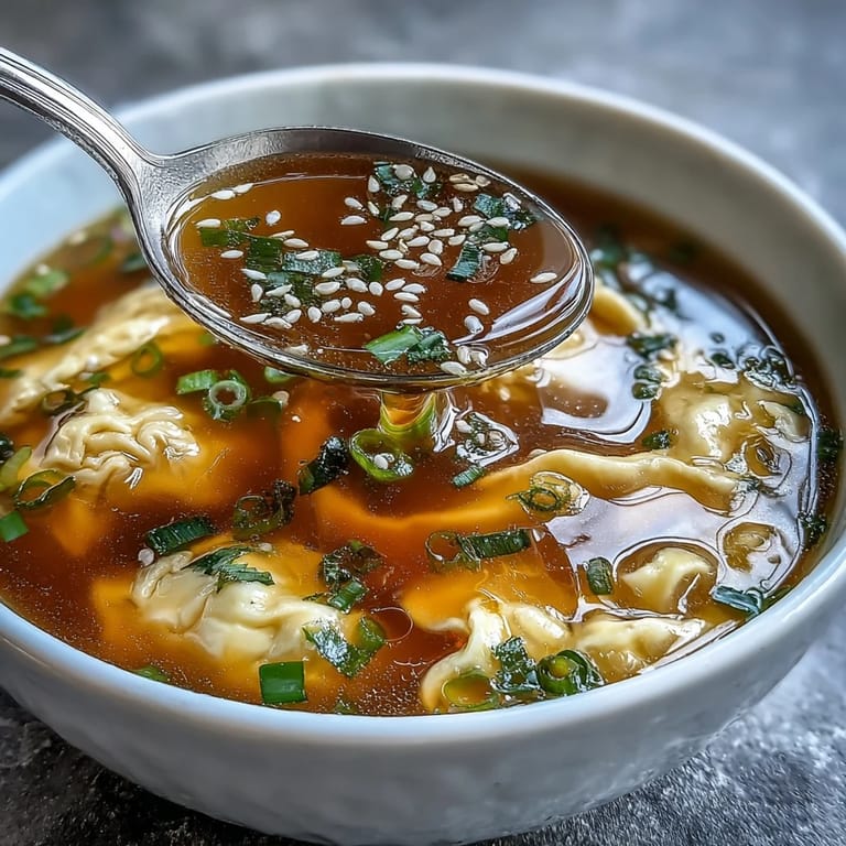Warm and comforting Homemade Egg Drop Soup featuring delicate egg strands in a light, aromatic broth.