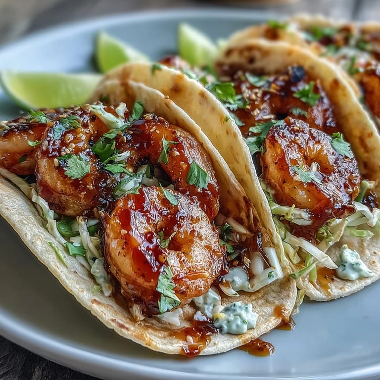 Sweet and savory honey garlic shrimp served in soft tortillas with crunchy red cabbage slaw and fresh cilantro.  