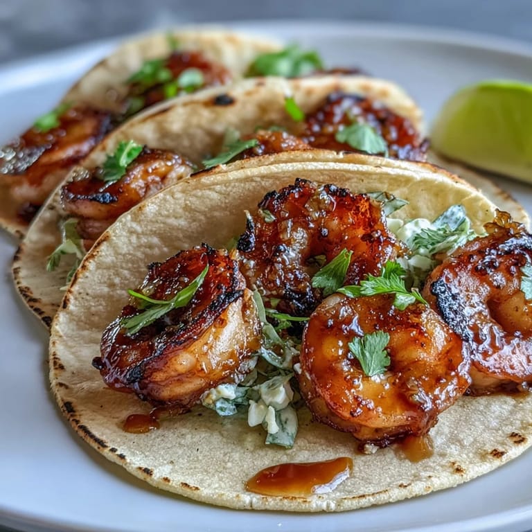 Flavorful honey garlic shrimp tacos topped with zesty lime crema, shredded carrots, and avocado slices.