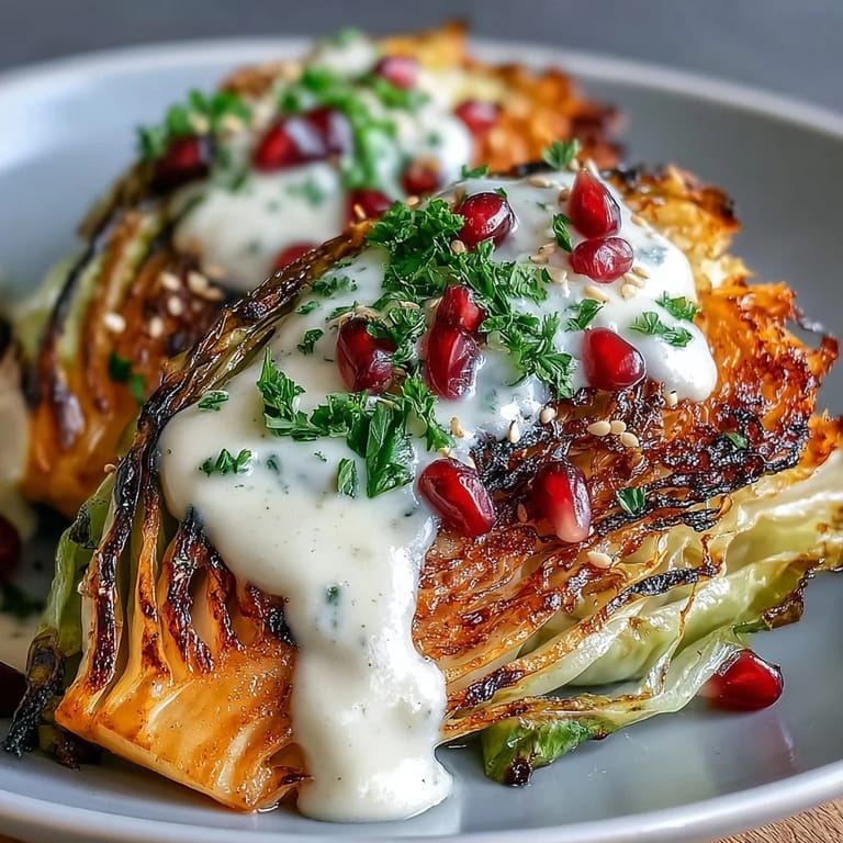Grilled cabbage slices served with rich tahini dressing, vibrant parsley, and juicy pomegranate seeds for a healthy vegan side dish.  