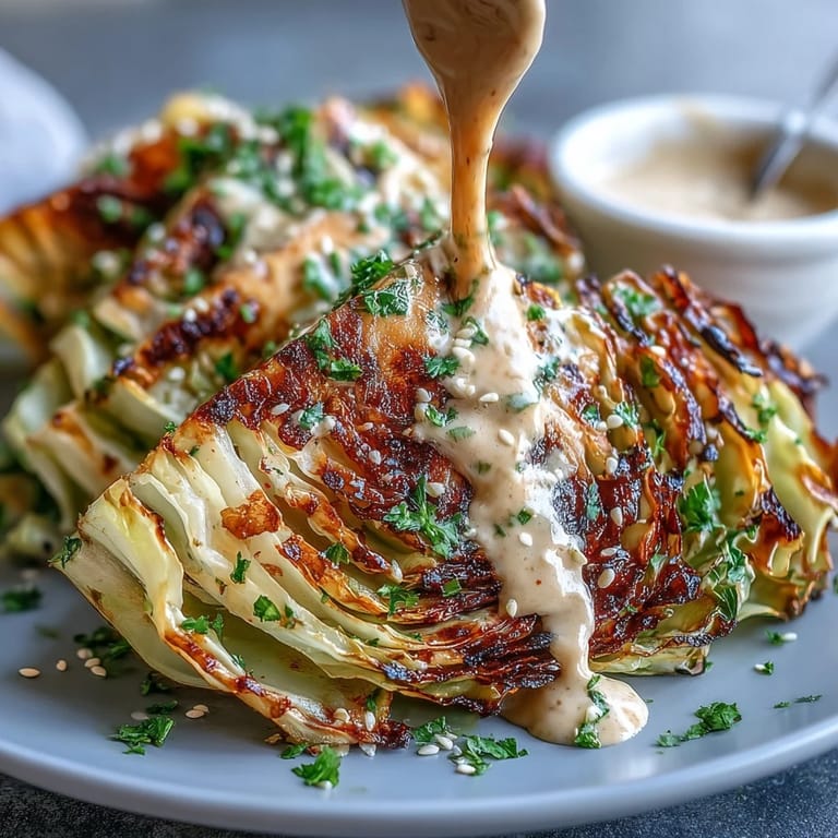 Charred cabbage wedges paired with smooth tahini sauce, bright parsley, and sweet-tart pomegranate seeds in a colorful Middle Eastern-inspired recipe.