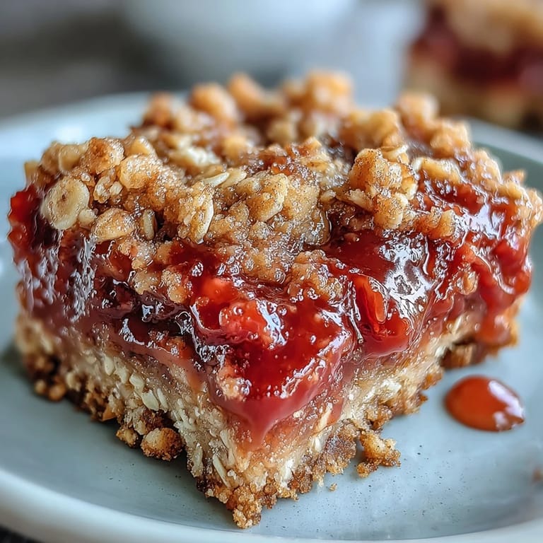 Buttery oat crumble bars filled with tangy-sweet strawberry rhubarb mixture, ideal for summer picnics and dessert tables.