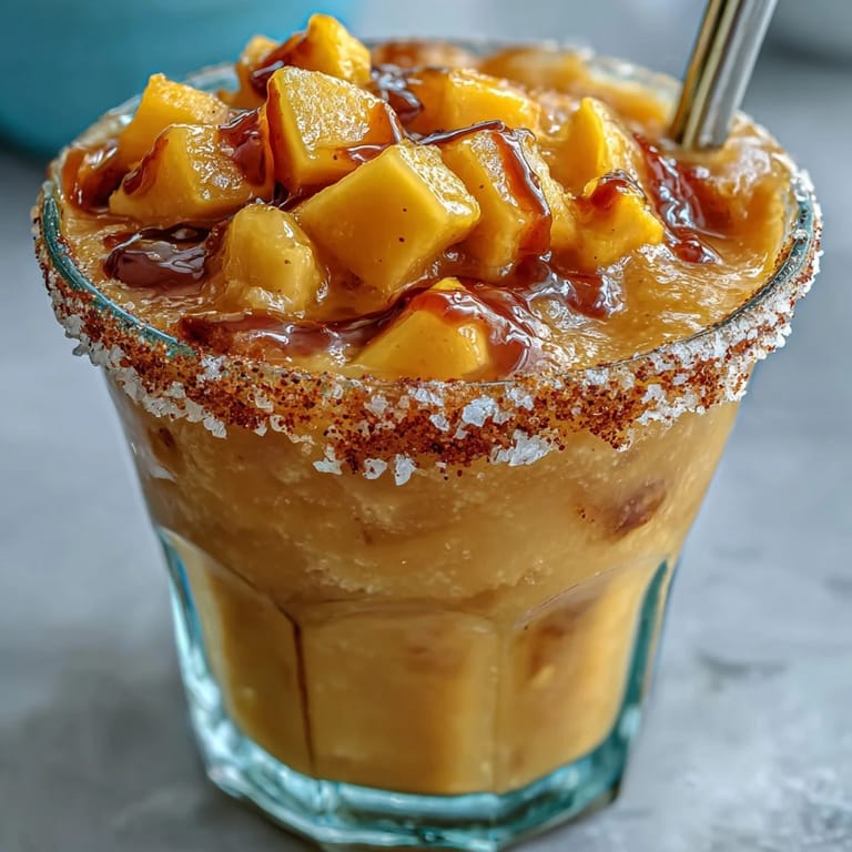 A refreshing alcohol-free mango drink layered with spicy-sweet Tajín and fresh diced mango, served in festive glasses.